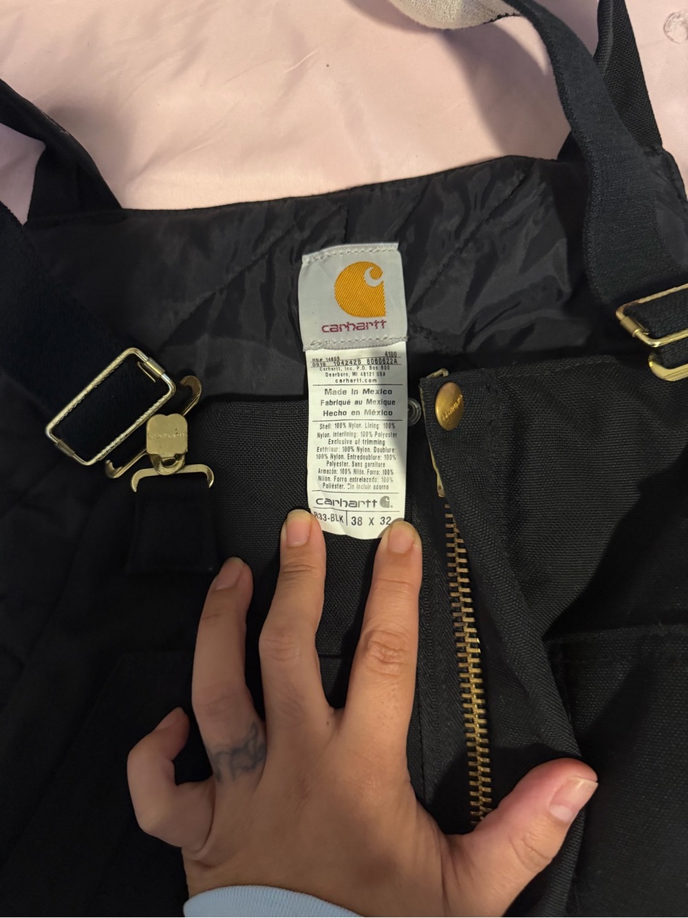 Carhartt insulated Black Quilted Bib Overalls with Gold Hardware Accents